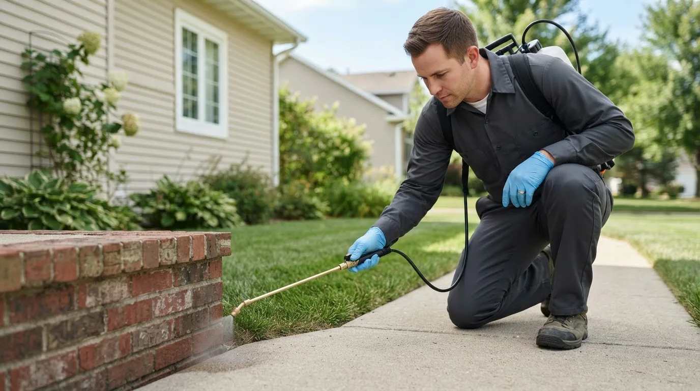 Pest control technician treating a home near Goreville, IL