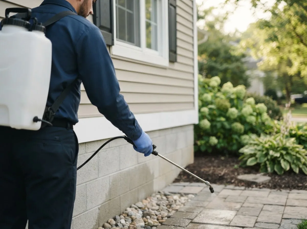 Pest control technician inspecting a home in Goreville, IL